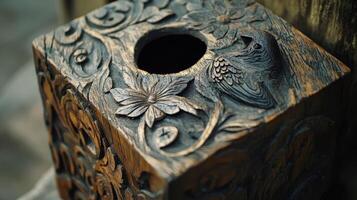 Intricate Wooden Craft With Floral and Avian Designs in Artisan Workshop photo