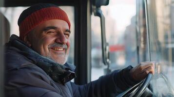 Smiling Bus Driver in Winter Gear Operating a City Bus in Urban Environment During Daytime photo