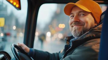 Smiling Bus Driver in a City Environment on a Rainy Afternoon photo