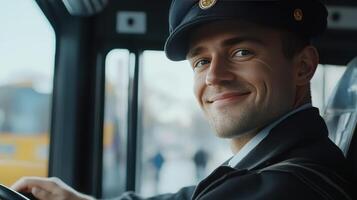 Young Bus Driver Smiling While Driving Through City Streets During Bright Daylight photo