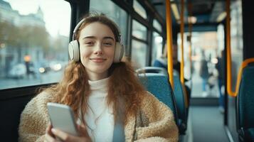 Young Woman Enjoying Music on a City Bus During Afternoon Commute photo