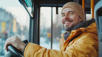 Smiling Bus Driver in Warm Jacket Driving Through Snowy City Streets During Winter Morning photo