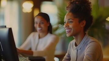 Two Women Engaged in Productive Work at a Modern Office During Daytime photo