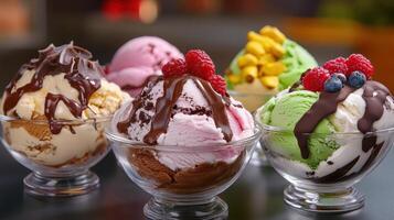 Colorful Ice Cream Sundaes Decorated With Fruits and Chocolate in a Dessert Parlor photo