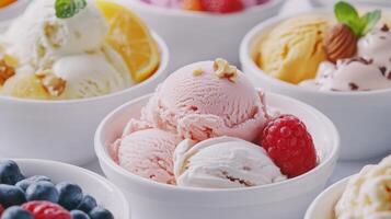 Colorful Variety Of Ice Cream Served In Bowls At A Summer Gathering With Fresh Fruits photo