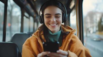 Young Woman Enjoys Music on a Bus Ride Through a City in Winter photo