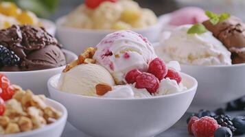 Delicious Variety of Ice Cream Scoops Served in White Bowls With Fresh Toppings and Fruits at a Summer Dessert Gathering photo