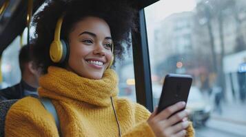 Young Woman Enjoys Music While Riding Public Transportation on a Rainy Day photo