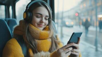 Young Woman Enjoying Music on a Bus While Snow Falls Outside in a Winter City photo