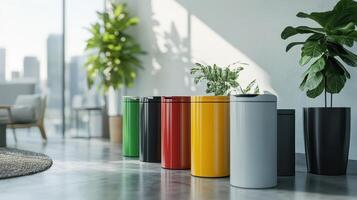 Modern Interior With Colorful Trash Bins and Indoor Plants Near Large Windows in a Cityscape photo