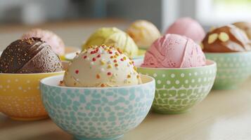 Colorful Bowls of Delicious Ice Cream Scoops Displayed on a Wooden Table in Bright Natural Light photo