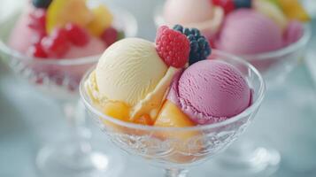 Delicious Ice Cream Scoops With Fresh Berries and Fruits Presented in Elegant Glass Bowls photo