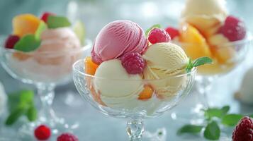 Colorful Ice Cream Cups With Fresh Berries and Mint on a Clear Summer Day photo
