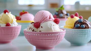 Colorful Ice Cream Bowls Filled With Varied Flavors and Fresh Berries on a Sunny Afternoon photo