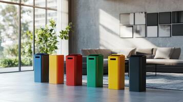 Colorful Recycling Bins Arranged Neatly in a Modern Living Room Environment photo