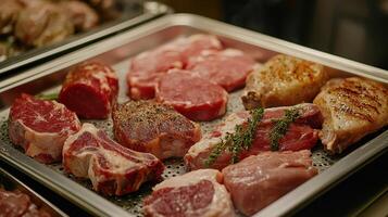 Freshly Prepared Assortment of Meats Displayed on Metal Tray in Busy Kitchen Setting photo