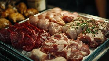 Variety of Fresh Meats Displayed at Local Market in Late Afternoon photo
