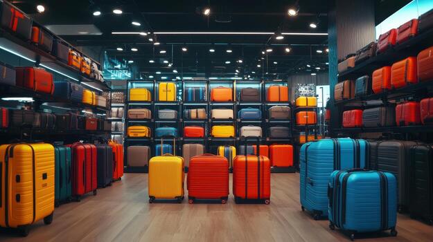 A Colorful Display of Various Luggage Styles in a Modern Retail Store photo