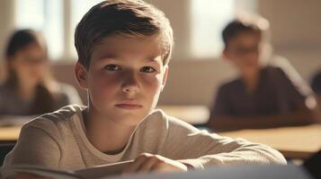 Young Student Concentrating on Lesson in Classroom Setting During Daytime photo