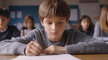 Student Concentrating While Writing During Classroom Activity in School Environment photo