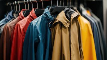 Colorful Variety of Raincoats Hanging on Display Racks in Retail Shop During Shopping Season photo