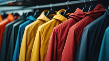 Colorful Rain Jackets Hanging Neatly in a Retail Store During a Bright Day photo