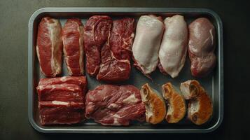 Variety of Raw Meats Displayed on a Metal Tray in a Kitchen Setting photo