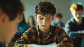 Student Concentrating During Exam in Classroom Setting With Peers Present and Natural Light in Afternoon photo