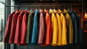 Display of Colorful Jackets Hung Neatly in a Modern Retail Store During Daytime Hours photo