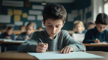 Young Student Concentrating on Test in Classroom During Morning Hours at Local School photo