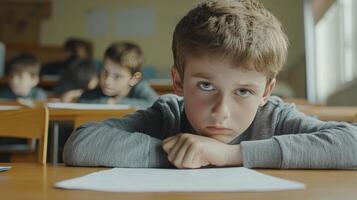 Frustrated Young Student in Classroom With Peers During a Learning Activity on a Bright Afternoon photo