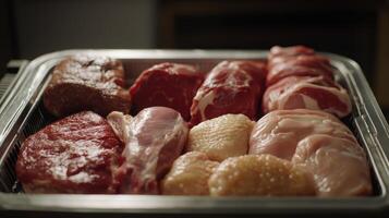 Freshly Prepared Assortment of Raw Meats in a Metal Tray Ready for Cooking photo