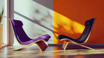 Stylish Modern Lounge Chairs in Brightly Colored Room With Natural Light and Shadows photo