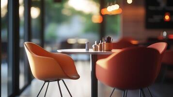 Cozy Dining Setup With Modern Chairs and Table At Dusk in a Contemporary Restaurant photo