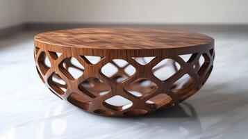 Elegant Wooden Coffee Table With Intricate Cut-Out Design in Modern Interior Setting photo