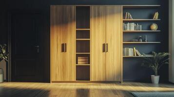 Modern Wooden Furniture Arrangement in Cozy Living Room With Natural Light Streaming In photo