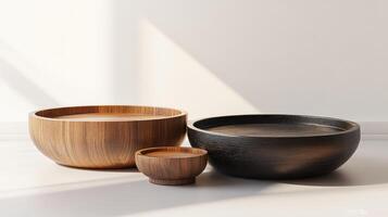 Three Unique Wooden Bowls With Distinct Textures and Colors on a Sunlit Surface photo