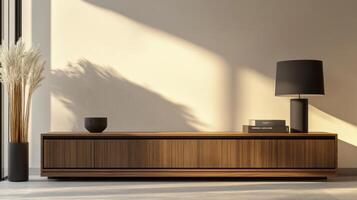 Stylish Modern Living Room Featuring Wooden Storage Cabinet and Decorative Accessories in Sunlit Space photo