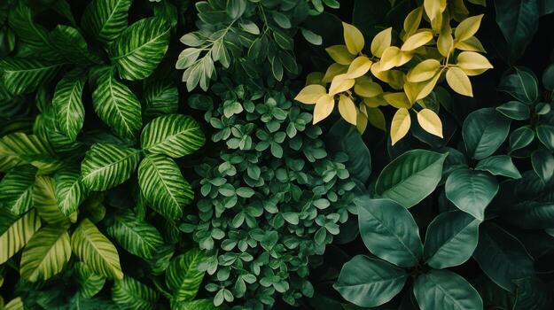 Lush Green Foliage Displaying Various Leaf Shapes and Colors in a Natural Arrangement photo