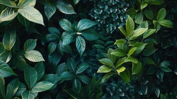 Lush Green Leaves of Various Plant Species Displaying Natural Beauty in a Sunlit Garden photo