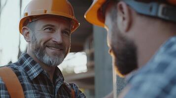 Smiling Construction Workers Engaged in Friendly Conversation at a Job Site During Sunset Hours photo