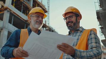 Two Construction Workers Reviewing Blueprints at a Job Site During Late Afternoon photo