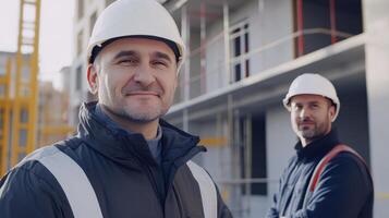 Construction Workers in Hard Hats Overseeing Project Development at Urban Site During Daylight Hours photo