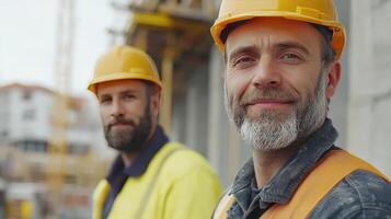 Constructing A Modern Building With Skilled Workers In Hard Hats At A Sunny Construction Site photo