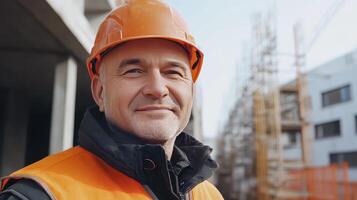 Construction Worker Smiling at Job Site During Daytime in Urban Area photo