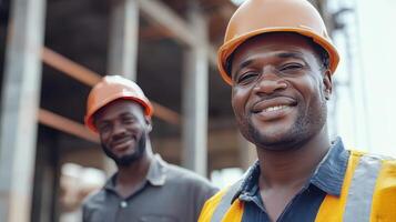 Two Construction Workers Smiling at the Camera on a Job Site During Daylight Hour photo