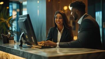 Professional Hosts Engaging With Guests at a Modern Reception Desk in a Hotel Lobby During Daylight Hours photo