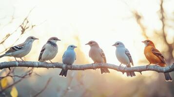 Colorful Birds Perched on a Branch Against a Soft Sunrise Background in Nature photo