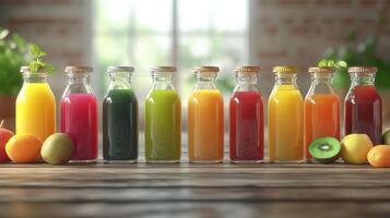 Assorted Fresh Juices in Glass Bottles on Wooden Table Surrounded by Fruits in a Well-Lit Kitchen photo