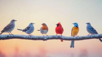 Colorful Winter Birds Perched on Frosty Branch at Sunrise in a Serene Landscape photo
